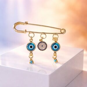Evil Eye Gold Plated Triple Charm baby safety pin